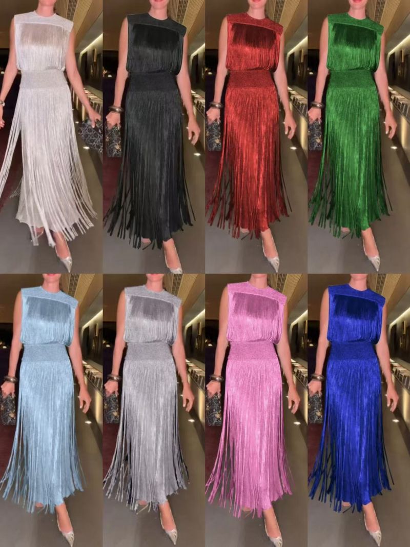 Vêtements pour femmes, robe de soirée élégante à pompons sans manches, costume deux pièces_voghion.com