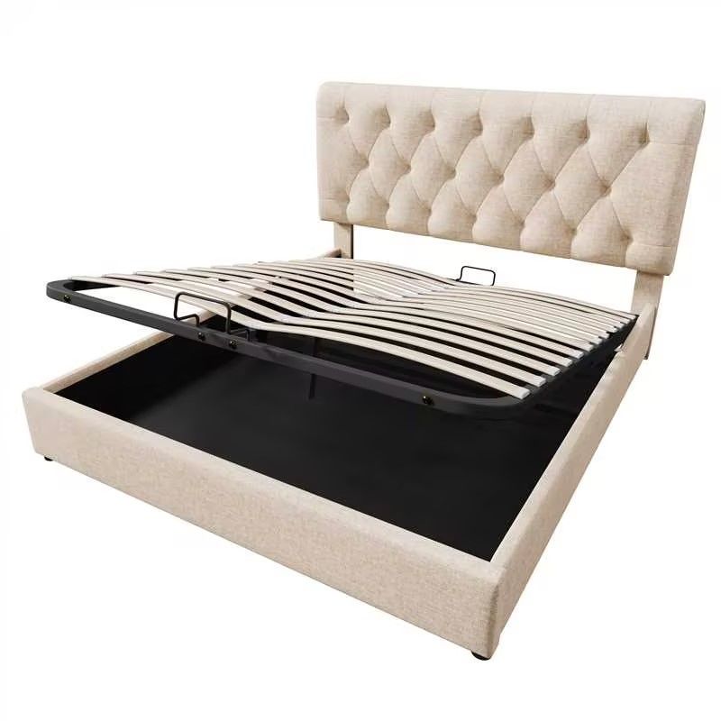 Cadre de lit king size rembourré hydraulique réglable 160 x 200 cm avec lattes métalliques, lit coffre moderne avec tête de lit réglable, design naturel, matelas non inclus_voghion.com