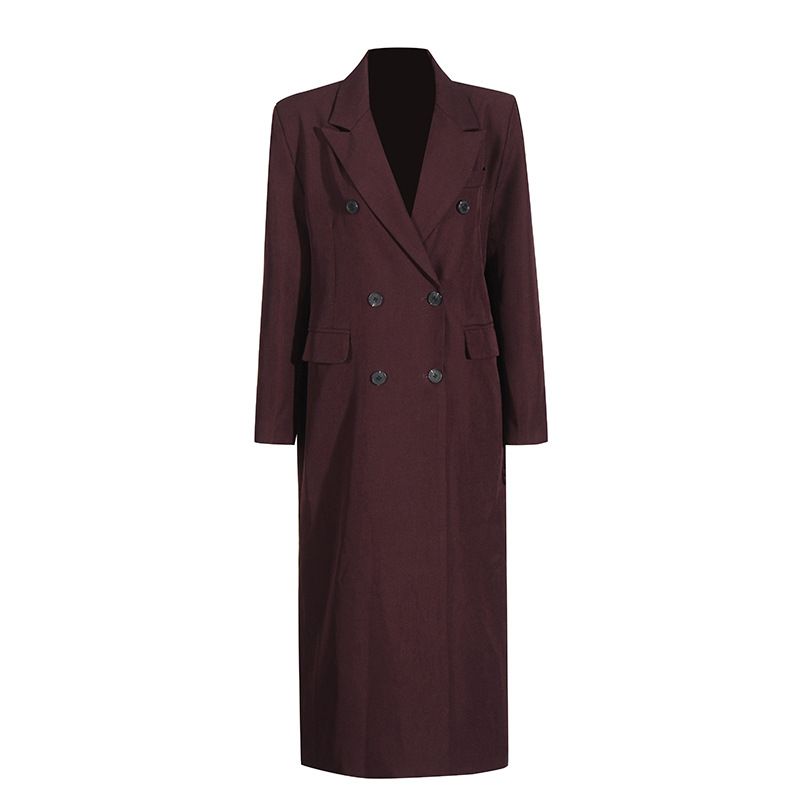 Women’s Elegant Long Trench Coat – French-Inspired Double-Breasted Coat With Notched Lapel (Angora Red/Black, S-XL, Wrinkle-Resistant)_voghion.com