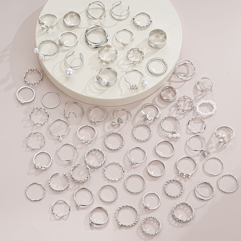 8-Piece Minimalist Silver Leaf & Heart Pearl Openwork Ring Set – Trendy Geometric Stackable Jewelry For Women_voghion.com