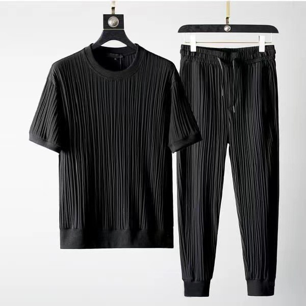 Men's Clothing Summer Thin Ice Silk Sports Men's Color Matching Pleated Large Size T Shirt Nine Point Pants Casual Two Piece Set Foreign Trade_voghion.com