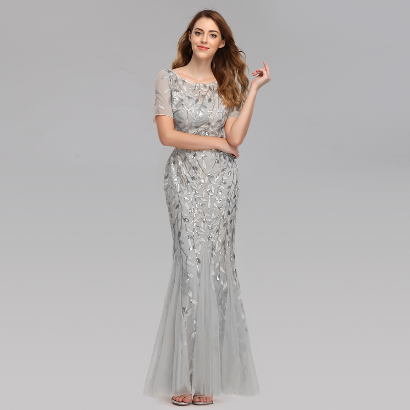Plus Size Evening Dresses Mermaid O Neck Short Sleeve Lace Appliques Tulle Long Party Gown Robe Soiree Sexy Formal Dress Vestido_voghion.com