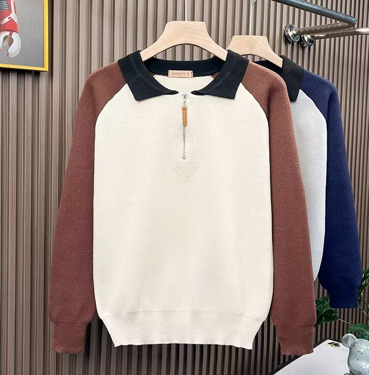 Herren-Pullover im japanisch-koreanischen Hybrid-Stil mit halbem Reißverschluss – Pullover mit kontrastierendem Revers und Polokragen (Gräulich/Aprikose, M-3XL)_voghion.com