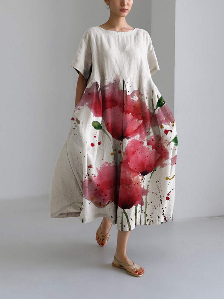 Abito da donna con stampa a maniche corte, alla moda, ampio e scollo rotondo_voghion.com