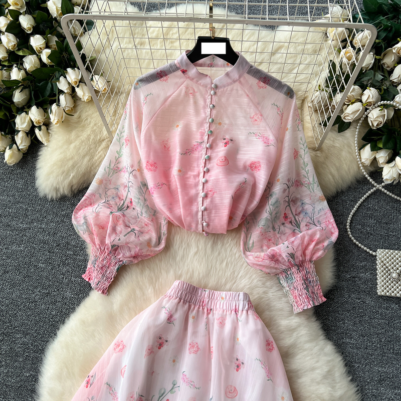 Women's clothing women's two-piece suit, ladylike temperament, lantern sleeve button-down slim-fitting top, high waist printed mesh skirt_voghion.com