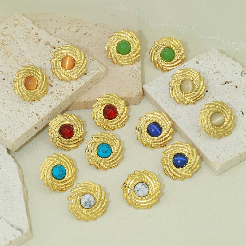 Brincos de aço inoxidável de vórtice de luxo retrô com personalidade de pedra natural e toque de alta qualidade, as mulheres usam brincos de moda de nicho para festas diárias_voghion.com