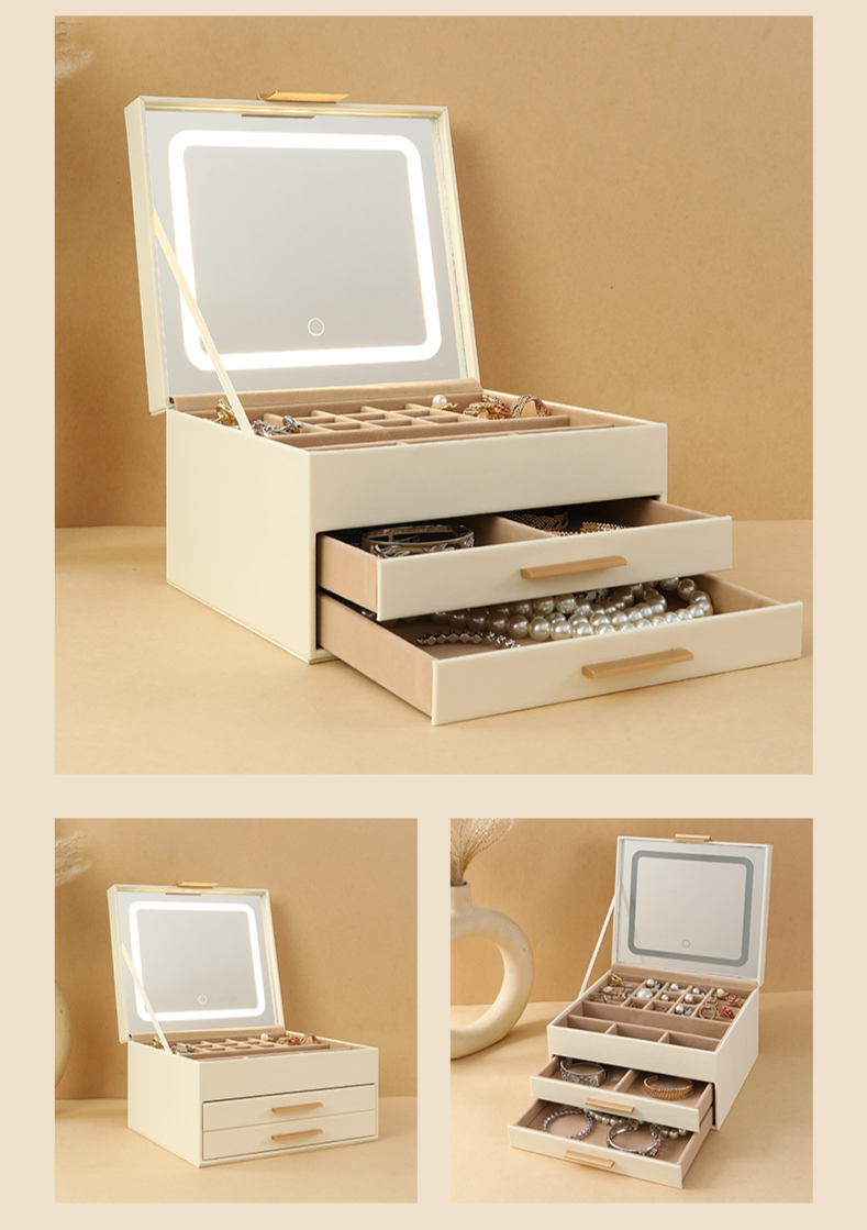 Csúcskategóriás fiókos ékszerdoboz LED-es világítással, sminktükörrel, PU, nagy kapacitású, háromrétegű fülbevaló, gyűrű, nyaklánc, ékszer_voghion.com