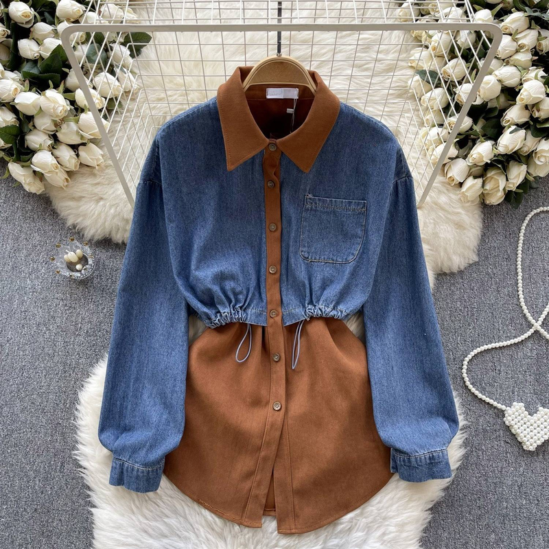 Damenbekleidung Retro-Denim-Hemd in Volltonfarbe für Damendesign, zweiteilig, Kontrastfarbene Nähte, Kordelzug in der Taille, vielseitige Oberteile für Damen_voghion.com