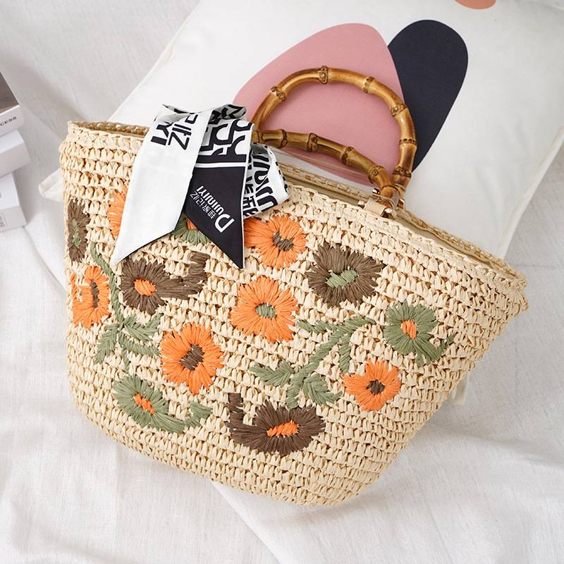 Borsa a mano piccola con fiori colorati, borsa di paglia, borsa di rattan, borsa pastorale singola, borsa da donna, borsa da spiaggia alla moda_voghion.com