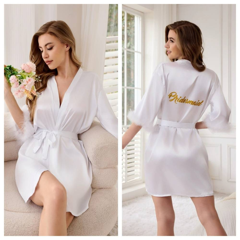 Women's Sleepwears Satin Nightgown Bride Bridesmaid Female Fur Sleeve Birthday Girlfriends Party Pajamas Morning Gown Suit_voghion.com