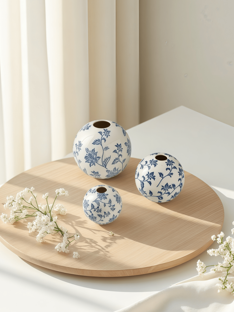 1pc Chinese Style Blue And White Porcelain Design Round Ball Ceramic Vase Is Suitable For Classical Style Scene Ornaments Flower Arrangement Vase_voghion.com