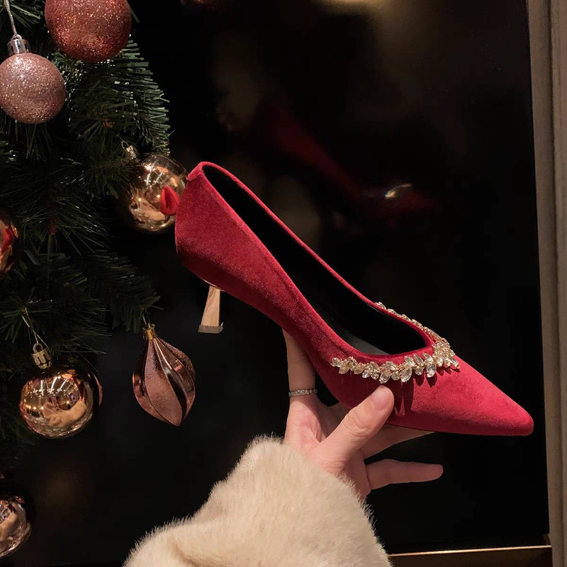 Chaussures de mariage à talons hauts pour femmes, version peau de mouton, strass scintillants, tempérament, petite pointe, bouche peu profonde_voghion.com