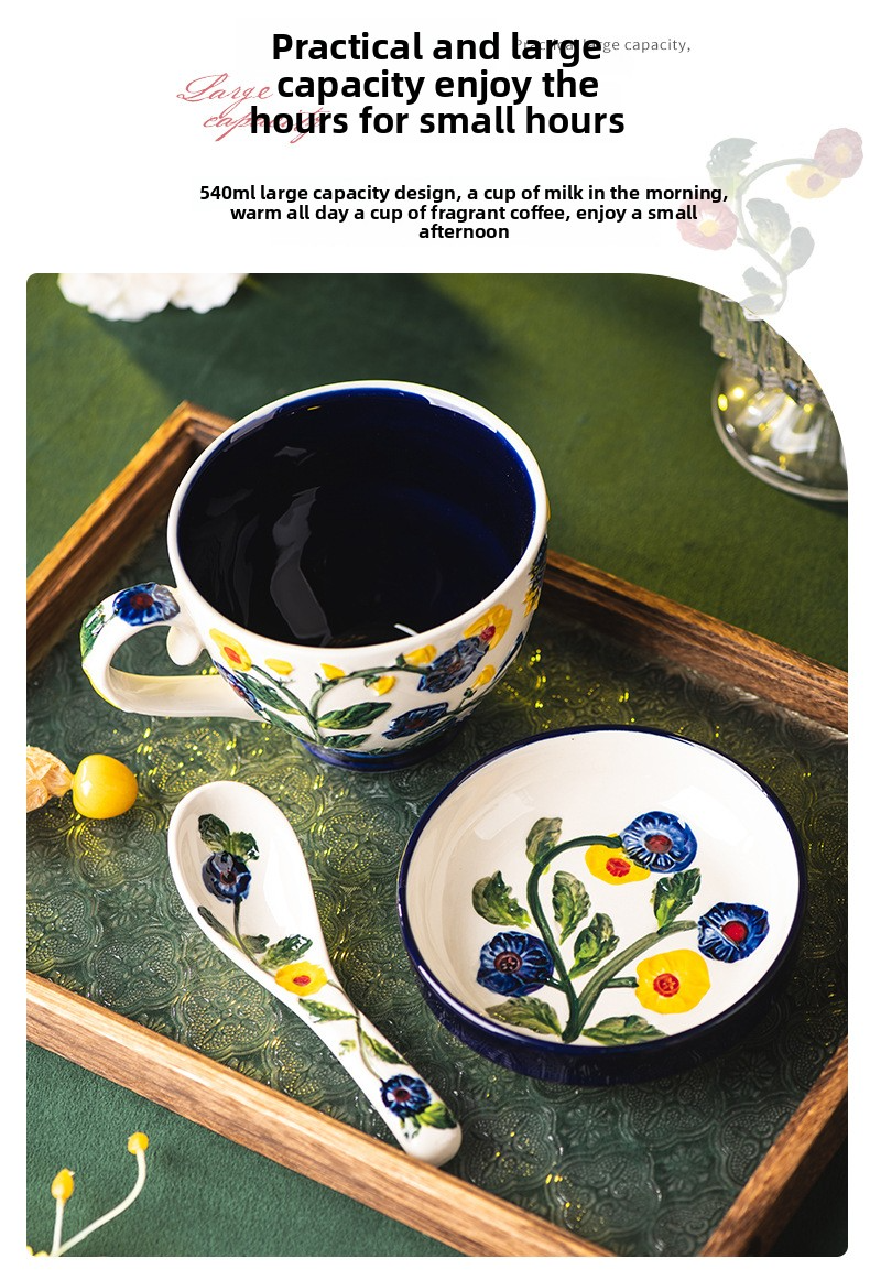 Blue & Red Hydrangea Ceramic Mug Set With Lid – 550ml Large Vintage Floral Coffee Cup Compatible With Snack Dish & Spoon_voghion.com