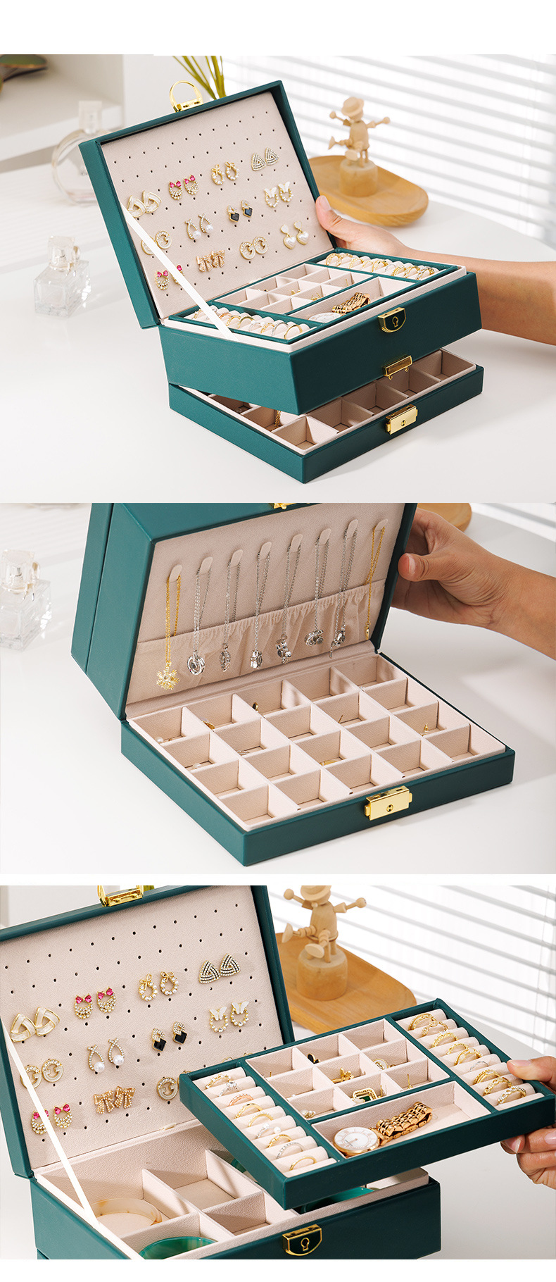Luxury 4-Layer Leather Jewelry Organizer Box For Earrings, Rings & Necklaces - Large Capacity Stylish Storage Case With Soft Lining, Compact Design_voghion.com