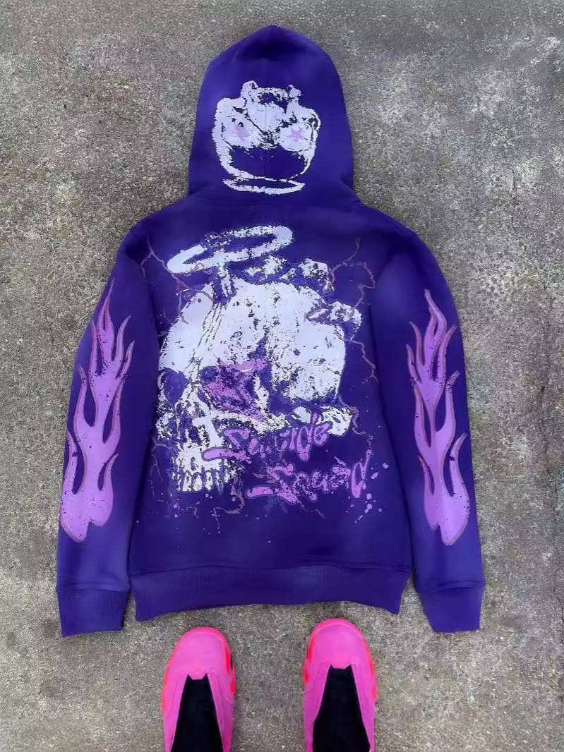 Y2k Retro Streetwear Hoodie With 3d Cartoon Print, Zip-up Oversized Pullover For Hip-hop & Dark Aesthetic Fashion_voghion.com