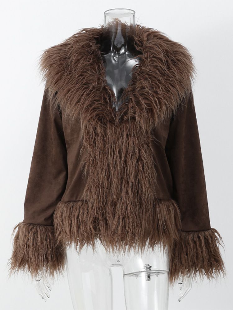 Women's Clothing Faux Fur Coat – Slim-Fit Long Sleeve Jacket With Plush Collar, Winter Outerwear (Dark Brown)_voghion.com