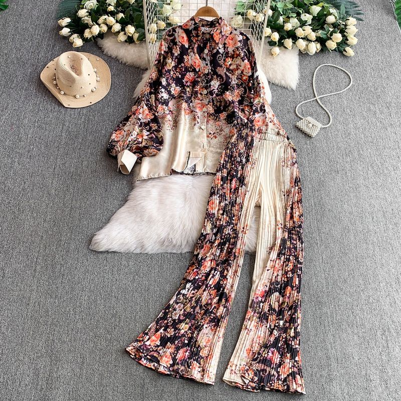 Set aus französischer Vintage-Batikbluse mit Sonnenschutz und hoch taillierter Schlaghose – Laternenärmel, Rüschensaum (Einheitsgröße, 18 Farboptionen)_voghion.com