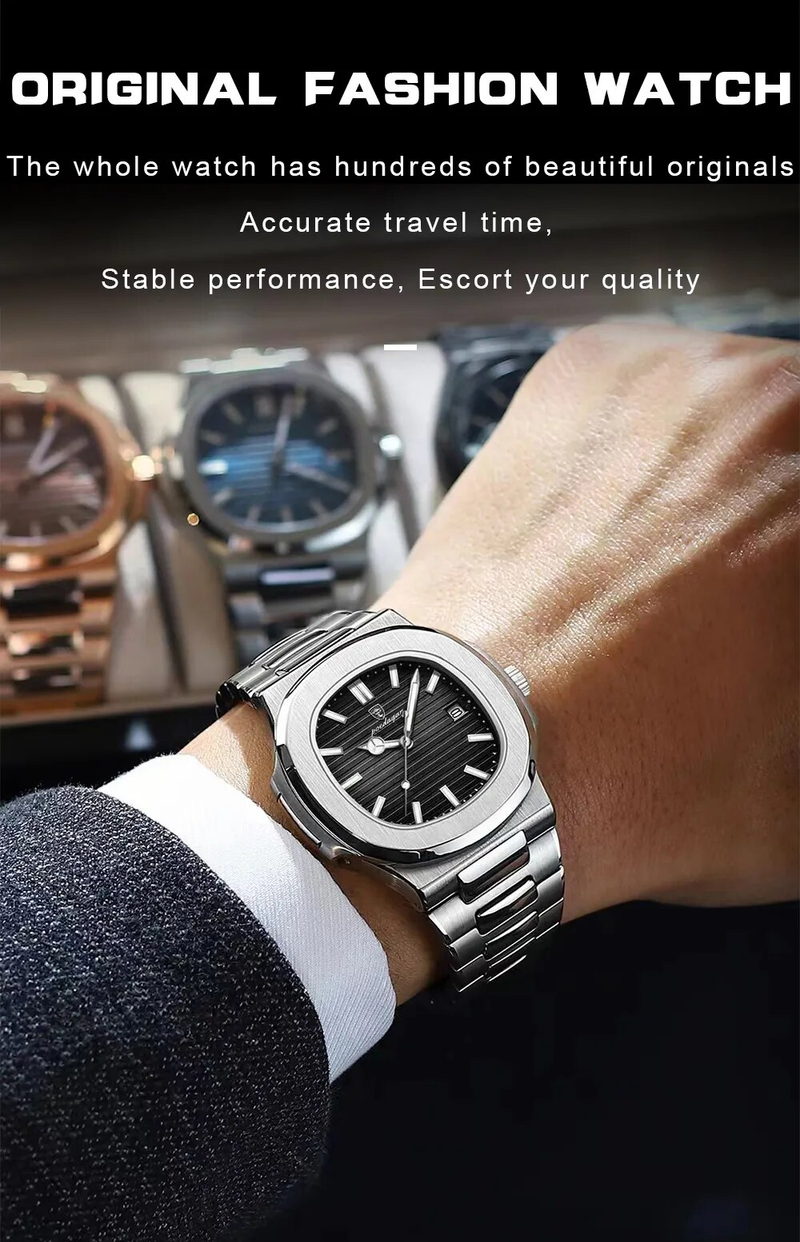 Montre à quartz pour homme, montre décontractée, cadran carré, acier inoxydable, calendrier, lumineuse, étanche, montre pour homme, horloge pour homme avec boîte_voghion.com