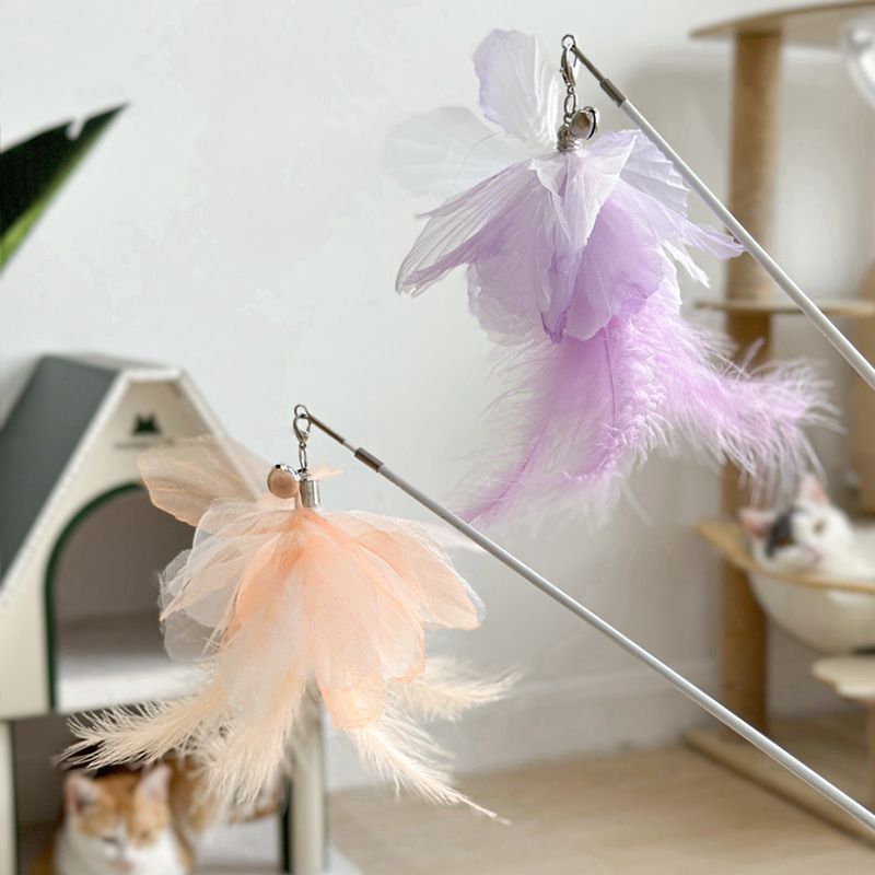 Flower blooming four seasons feather head cat teaser competition grade telescopic rod wooden handle bell feather replacement head cat toy_voghion.com