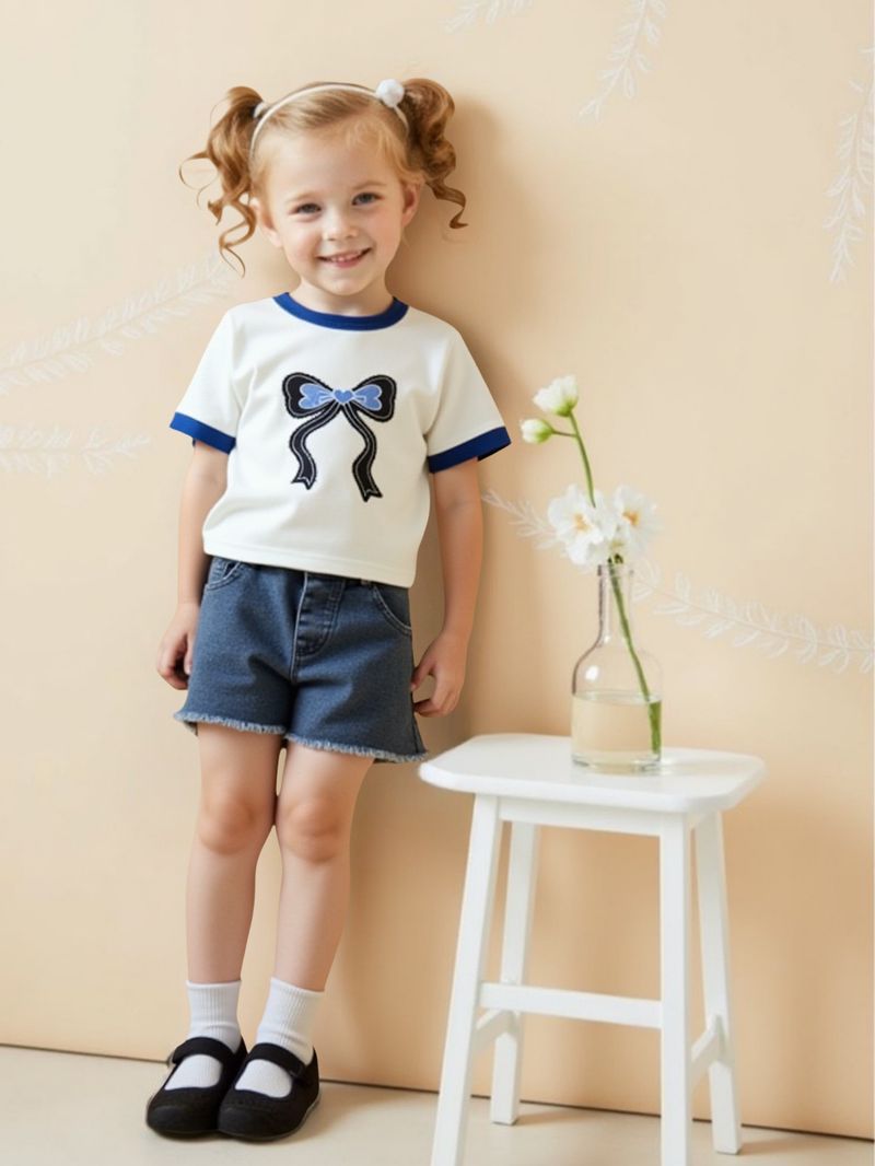 Vestiti estivi 2025 per ragazze, nuovi, con scollo rotondo, maniche corte, pantaloncini in denim con colori a contrasto._voghion.com