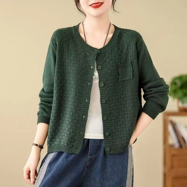 Cardigan rétro en maille de coton pour femme, col rond, manches longues, style automne 2024, vêtement d'extérieur tendance pour les diffusions en direct._voghion.com