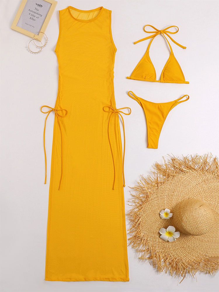 Women's Clothing New Swimsuit Bikini Three Piece Set Sexy Multi Color Mesh Blouse Beach Swimsuit_voghion.com