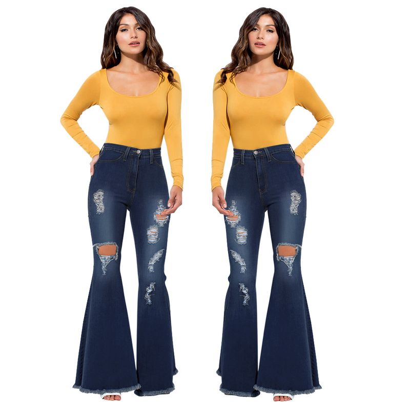 Modische Damenbekleidung mit weitem Bein, ausgewaschener, zerrissener Denim-Stretch-Schlaghose_voghion.com