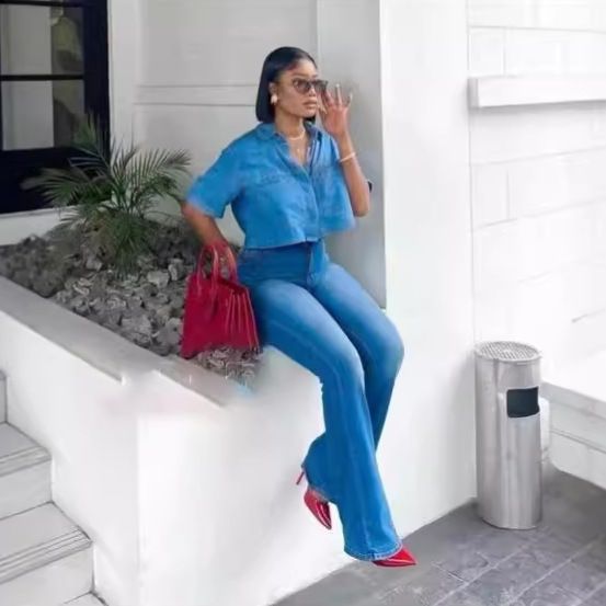 Damenbekleidung Nähte Reverstasche Arbeitskleidung Denim Top Hosenanzug Zweiteiliger Anzug_voghion.com