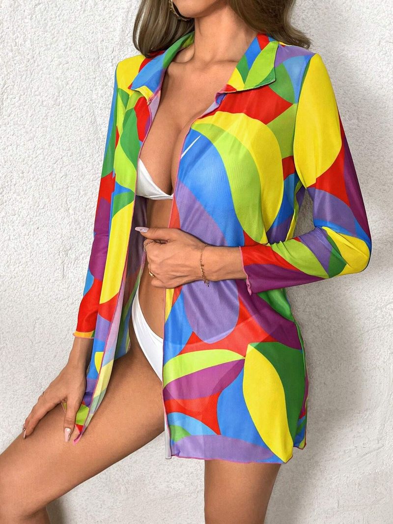 Women's irregular printing and dyeing multi-color long-sleeved long summer swimming mesh clothes_voghion.com