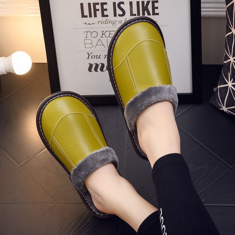 Pantofole da donna in pelle di pecora di qualità imbattibile, per uso domestico in interni, silenziose, suola morbida, antiscivolo, impermeabili, in cotone resistente all'usura._voghion.com