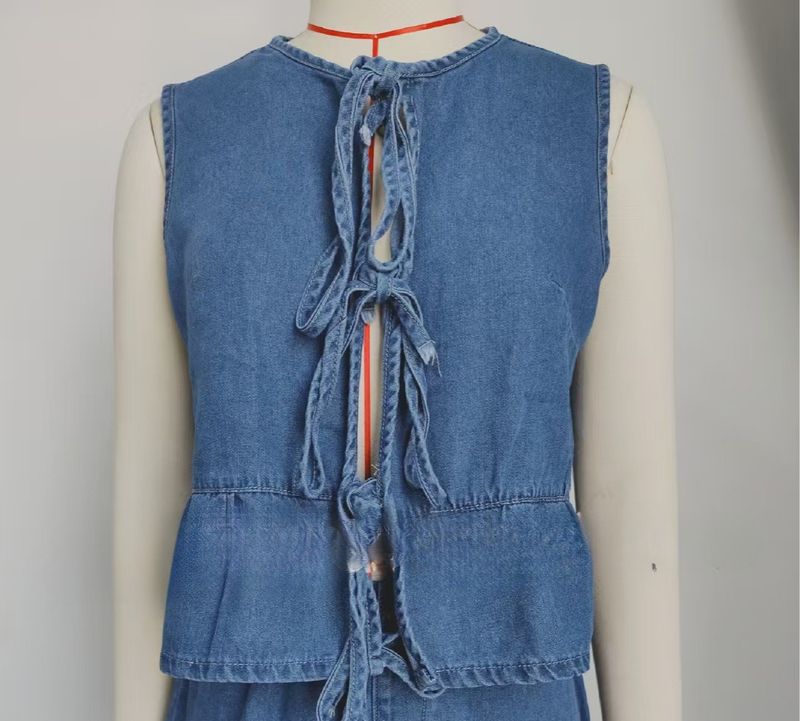 K New Women's Denim Vest With Lace-up And Leaf Hem_voghion.com