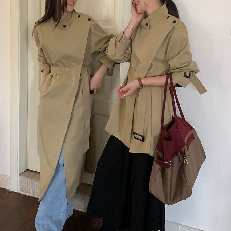 Waist-Cinching Irregular Korean Style Stand Collar Short Trench Coat Women 2025 Autumn New Loose Slimming Top_voghion.com