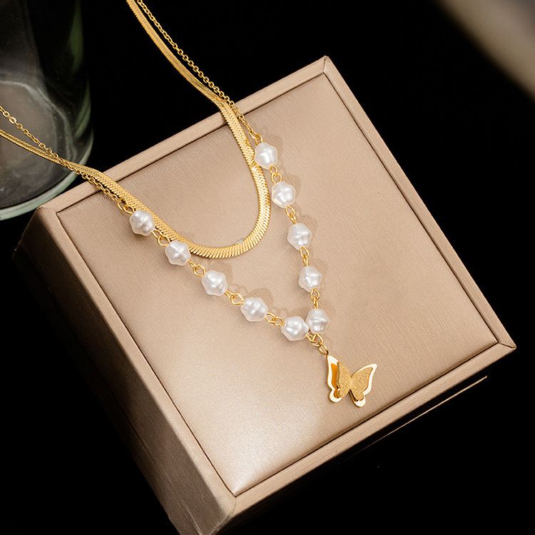 2023 New Instagram Cool Wind Double layered Layered Pearl Necklace for Female Hip Hop, Unique Design, Butterfly Collar_voghion.com