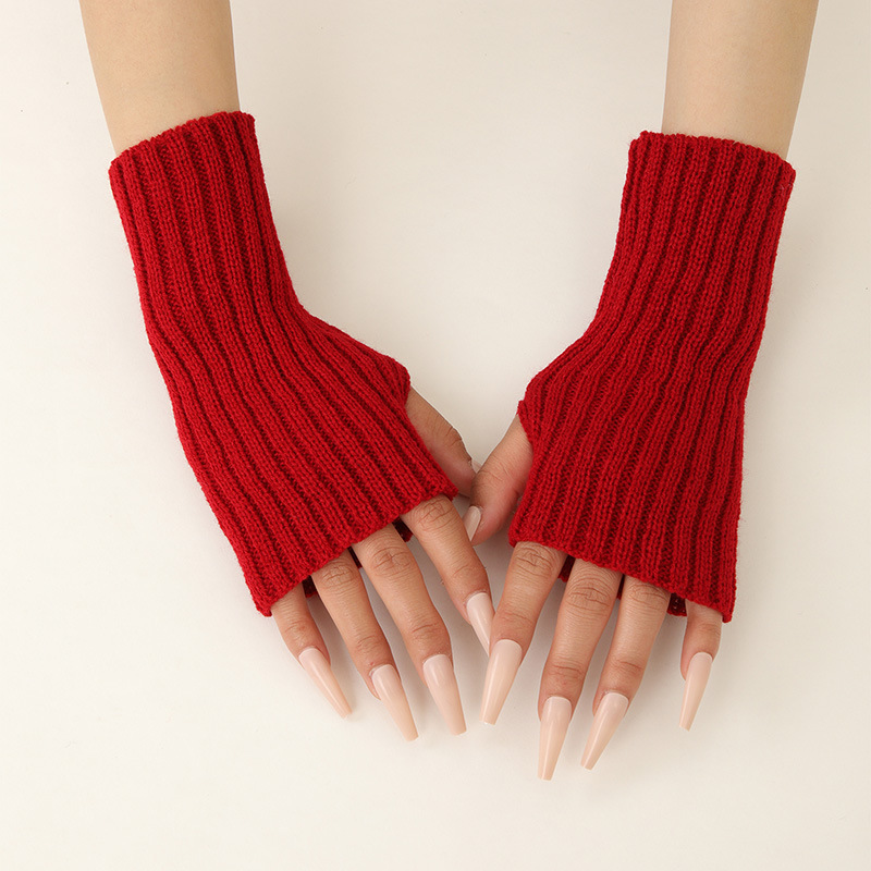 Winter new half finger knitted gloves for women warm solid color student all-match casual gloves_voghion.com