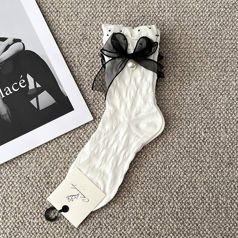 Zubehör Socken verziert Perlenschleife Frühling/Sommer dünne Baumwollsocken Damensocken Blasenmund schwarz-weiß_voghion.com