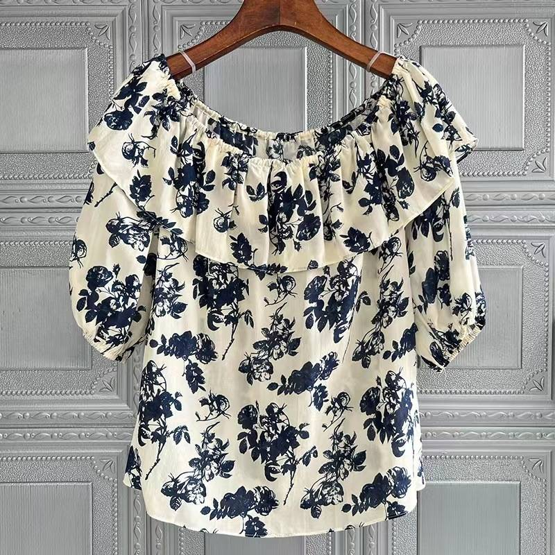 Women's clothing new summer loose one-shoulder collar mulberry silk top blue floral shirt_voghion.com