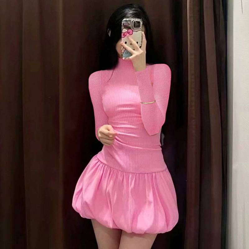 Damen Rückenfreies Mini Bubble Kleid Y2K Streetwear Mädchen Langarm Tuniken Kurze Plissee Kleider Urlaubsoutfit Party Ballkleider_voghion.com