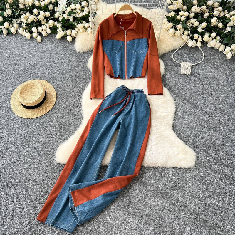 Design de roupas femininas lapela manga comprida patchwork denim top jaqueta feminina cintura alta perna larga calças terno_voghion.com