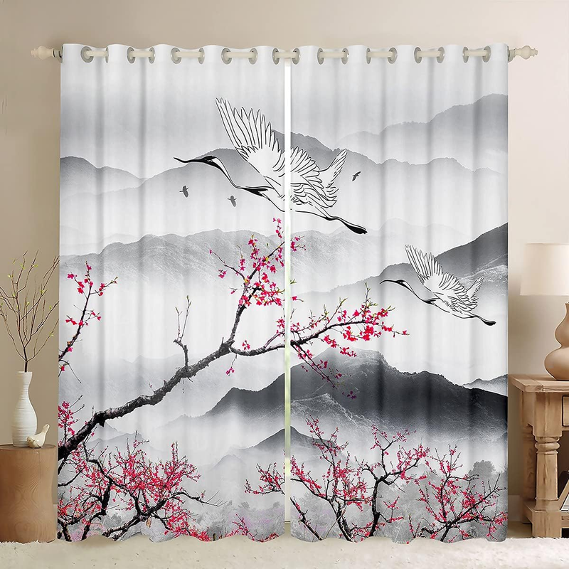 Cherry Blossom Window Treatments Crane Hokusai Pattern Window Curtains For Bedroom Living Room Teens Japanese Ukiyoe Window Drapes Japanese Style_voghion.com