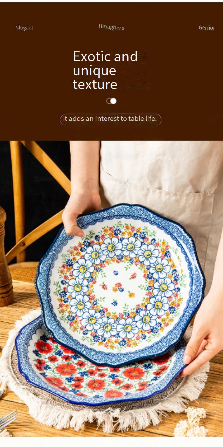 Großer Teller aus polnischer farbiger Keramik, Gemüseteller für den Haushalt, Steakteller, großer Teller, spezieller Hähnchenteller, übergroßer runder flacher Teller_voghion.com