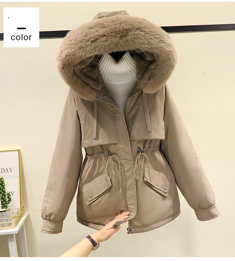 Kurzer Puffermantel für Damen im Winter mit Kapuze mit Kunstpelzbesatz und Fleecefutter, Übergröße, Übergrößenjacke für kaltes Wetter (in 7 Farben erhältlich)_voghion.com