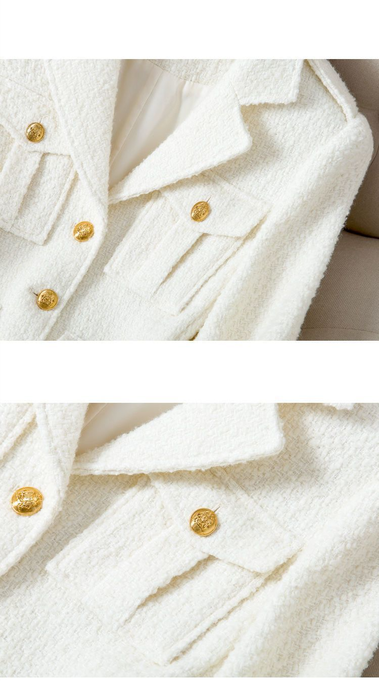 Elegante blazer in tweed da donna - Giacca corta con revers a lancia, bianco puro, versatile capospalla per primavera e autunno_voghion.com