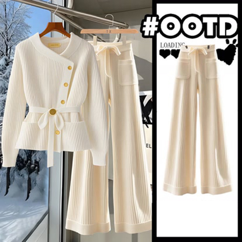 Conjunto de blusa de malha elegante, versátil e elegante, com calça reta, para mulheres - Look macio, versátil e elegante em damasco (M-3XL)_voghion.com