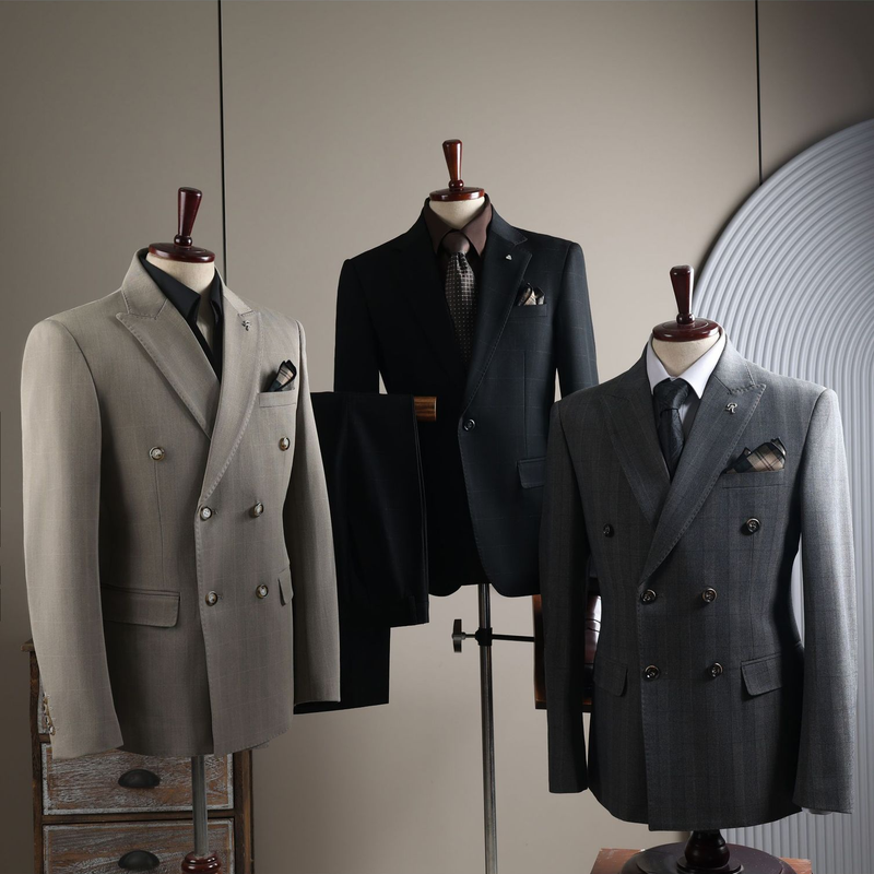 Herrenbekleidung, zweireihiges kariertes Anzug-Set, Slim Fit, Business-Blazer und Hose für Hochzeiten, formelle Anlässe (Jacke + Weste + Hose optional)_voghion.com