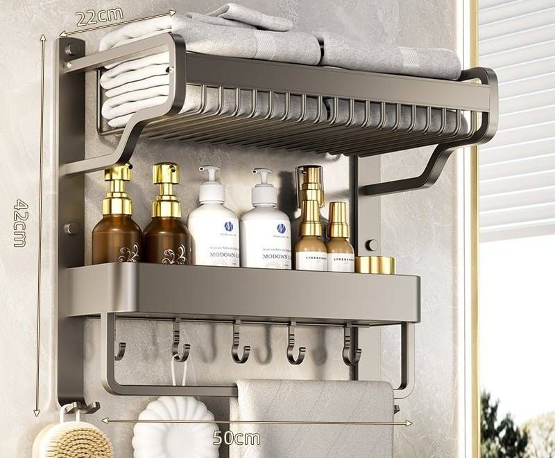 Space Aluminum Bathroom Towel Rack With Storage Shelf, No Drill Wall Mounted, Modern Design For Bathroom, Kitchen, Laundry Room_voghion.com