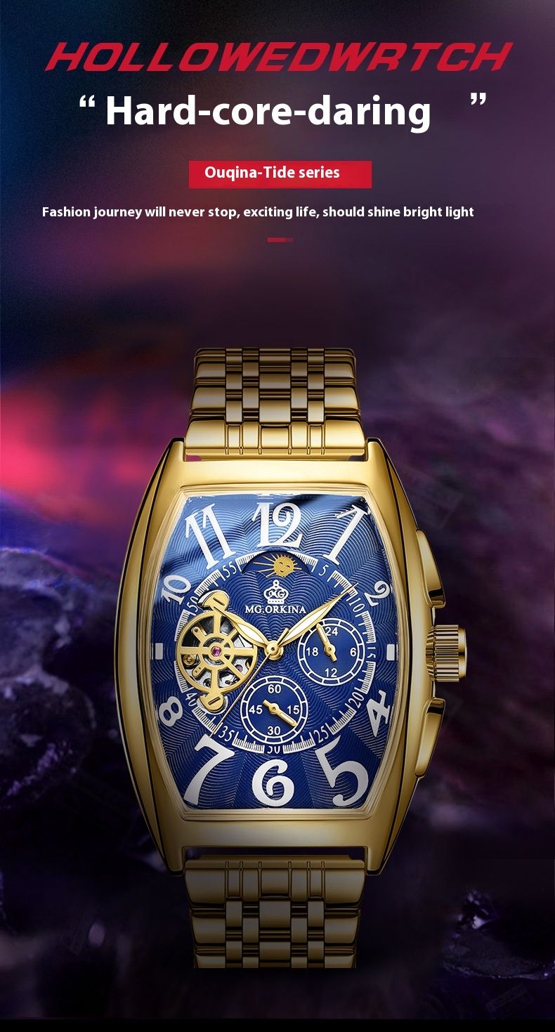 New light luxury tonneau exquisite type waterproof skeleton fashion personality hundred automatic mechanical watch men_voghion.com