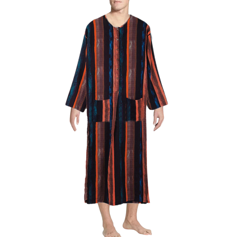 2025 Frühling und Herbst Neue Kleidung Langarm-Overall Arabische Männer Gestreifte Gedruckte Muslimische Robe_voghion.com