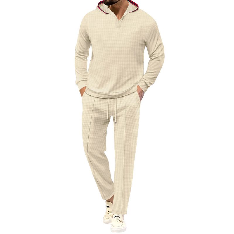 2024 Herbst Neue Herren Einfarbig Anzug Waffel Kapuze Ärmel Lange Hosen Set_voghion.com