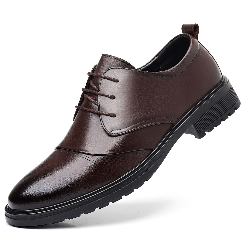 Formal Leather Cowhide Business Casual Lace-Up Pointed Soft Sole Trendy Men's Suit Commuter Office Shoes_voghion.com