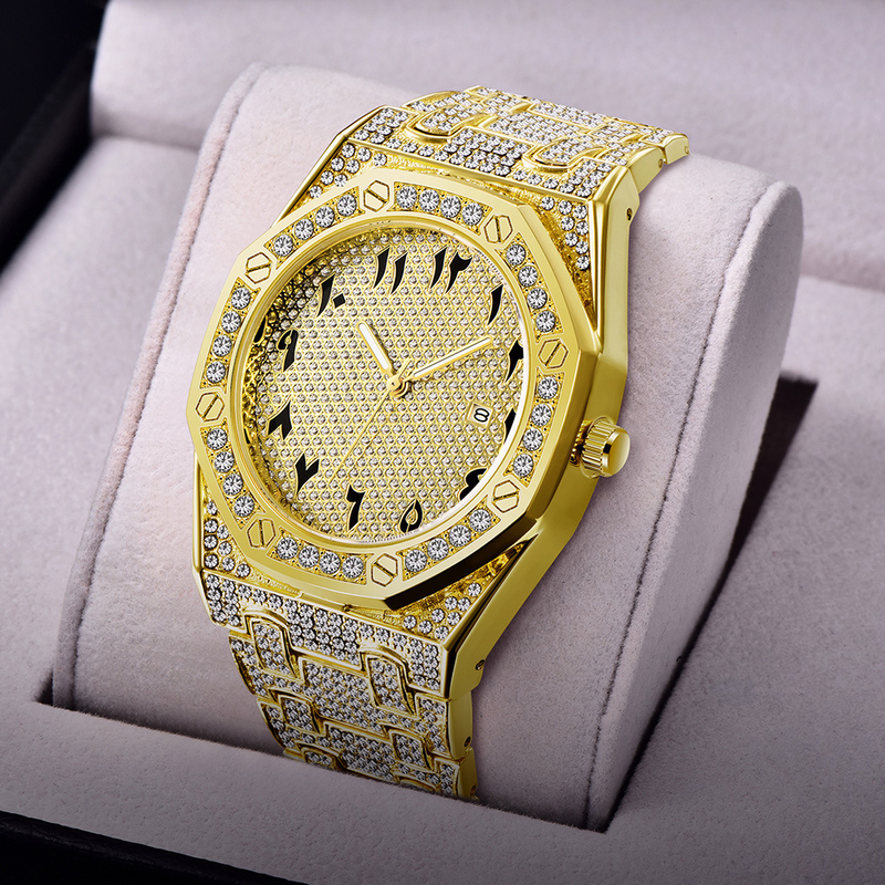 Herr Hip Hop Cool Legering Band Diamant Datum Guld Quartz Klockor_voghion.com